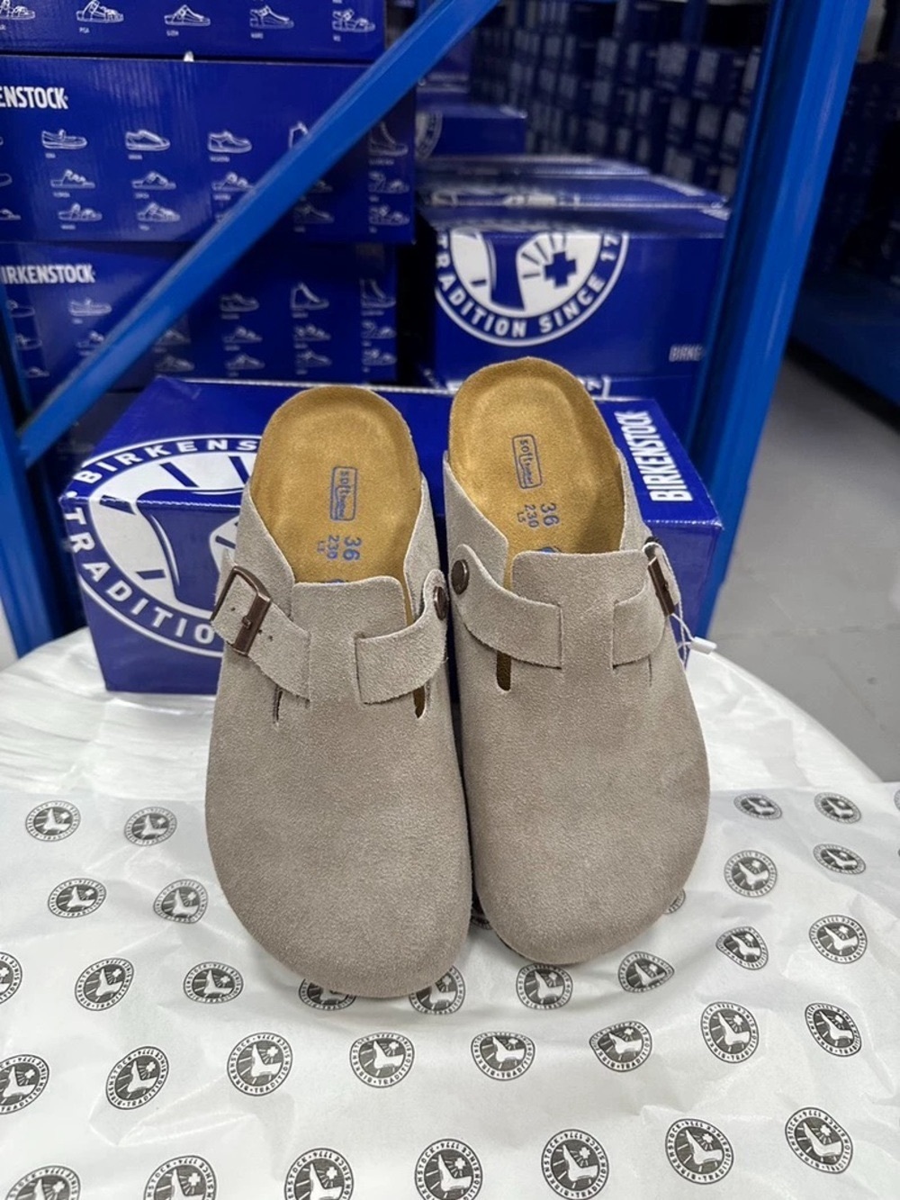 BIRKENSTOCK Boston taupe suede mule clogs